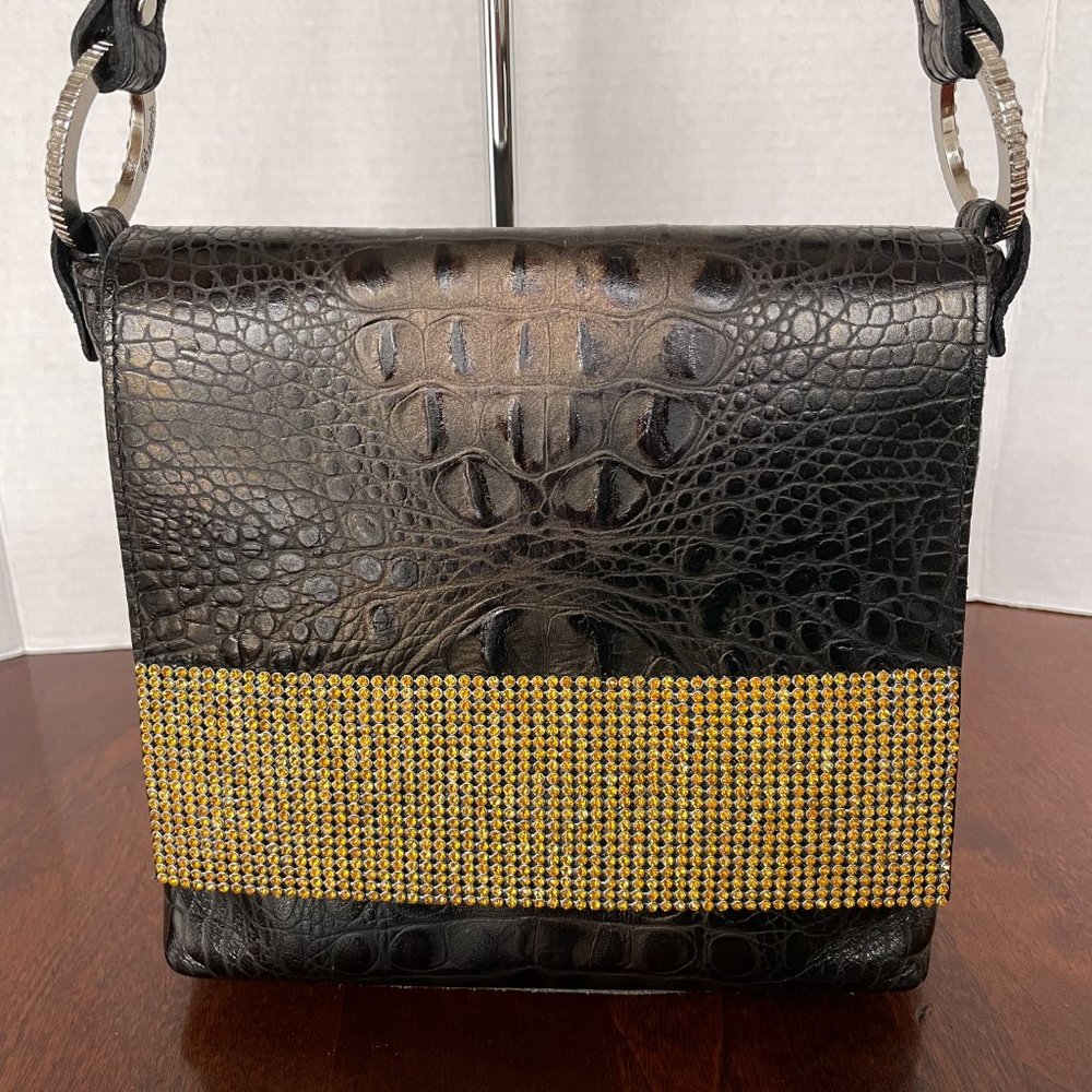 Raviani Black Flap Croco Embossed Leather Shoulder Bag w/Crystals - Picture 3 of 13